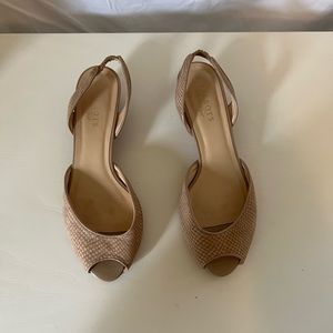 Talbots 8.5 suede low-wedges, peep-toe, sling-back, tan
